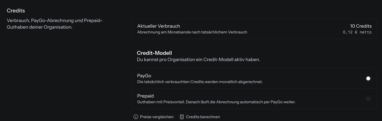 Der Bereich Credits mit der Zeile Aktueller Verbrauch, dem Credit-Modell mit den Optionen PayGo und Prepaid und den Links Preise vergleichen und Credits berechnen