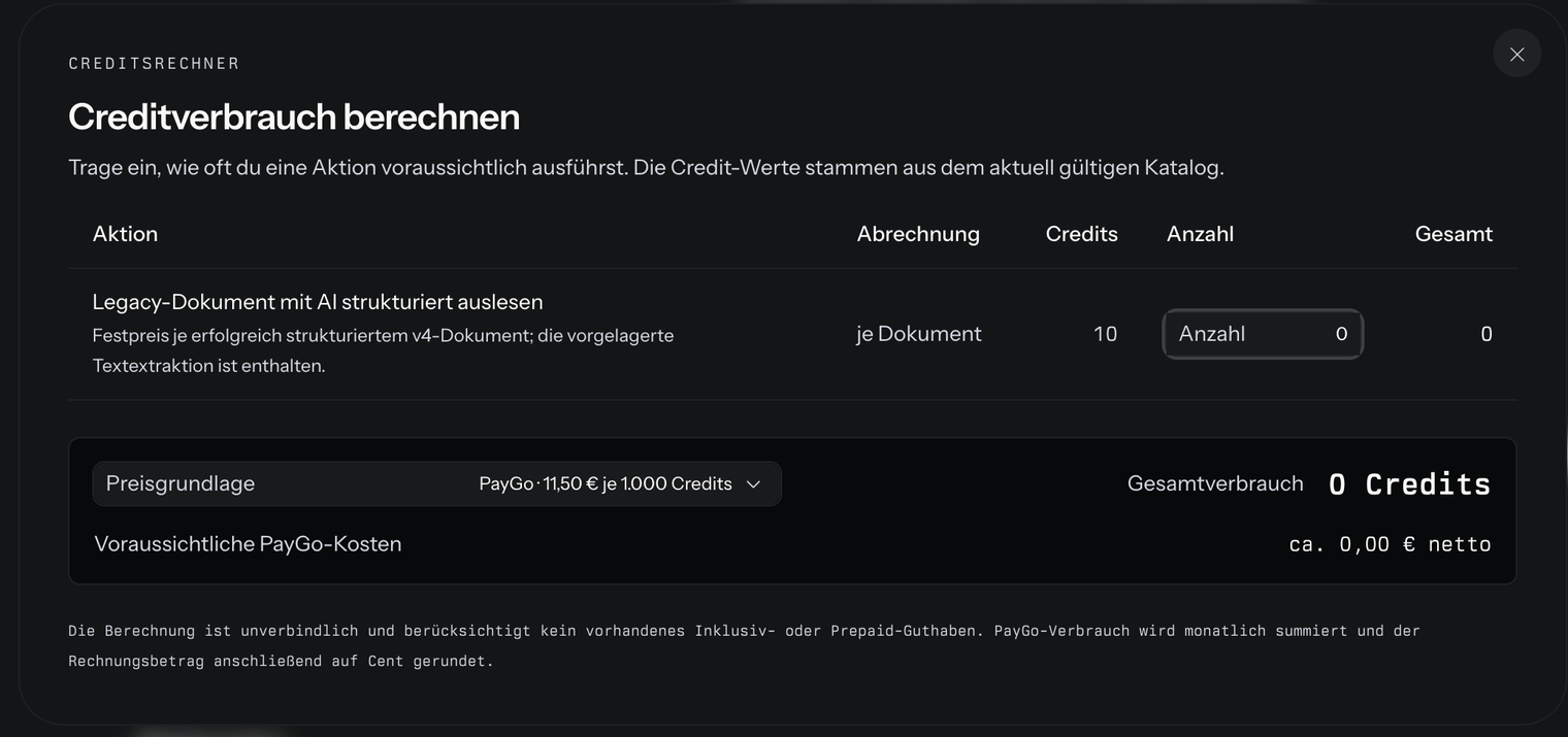 Das Fenster Creditsrechner „Creditverbrauch berechnen“ mit einer Aktion samt Feld Anzahl, der Preisgrundlage PayGo, dem Gesamtverbrauch und den voraussichtlichen PayGo-Kosten