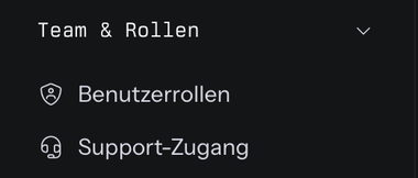 Die Gruppe Team & Rollen in der Liste der Einstellungen mit den Seiten Benutzerrollen und Support-Zugang