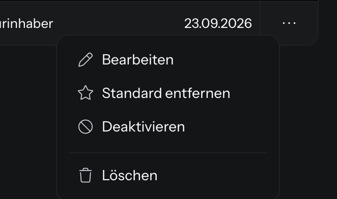 Geöffnetes Drei-Punkte-Menü einer Signatur mit Bearbeiten, Standard entfernen, Deaktivieren und Löschen