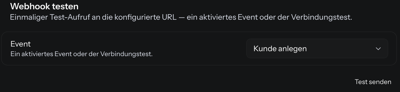 Der Bereich Webhook testen mit dem Auswahlfeld Event und dem Knopf Test senden