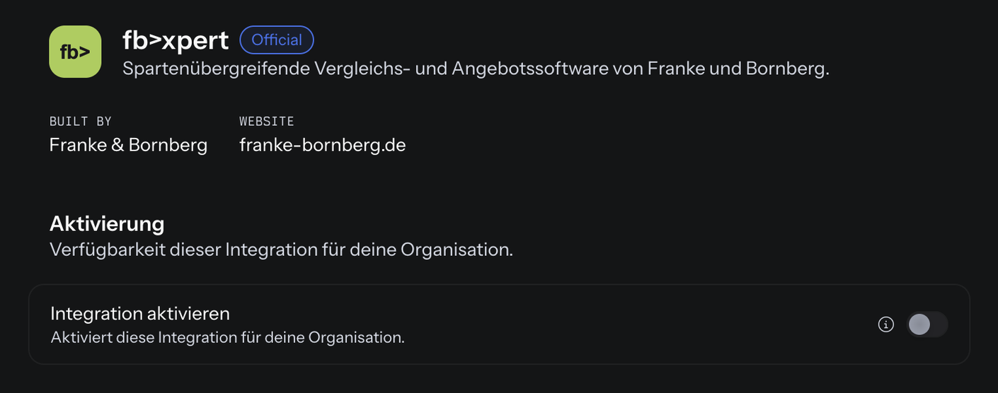 Detailseite der Integration von Franke und Bornberg: Kopf mit Kennzeichen Official, Angaben Built by und Website, darunter der Bereich Aktivierung mit dem ausgeschalteten Schalter Integration aktivieren