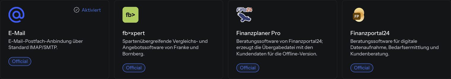 Vier Integrations-Kacheln, eine davon mit der Markierung „Aktiviert“