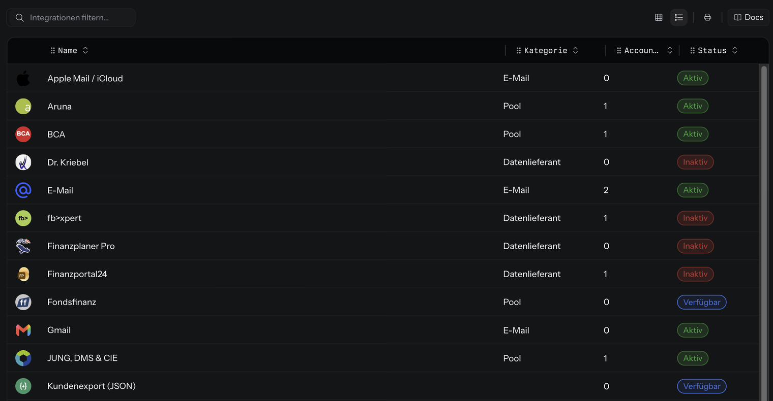 Listenansicht der Integrationen mit dem Feld Integrationen filtern und den Spalten Name, Kategorie, Accounts und Status mit den Werten Aktiv, Inaktiv und Verfügbar