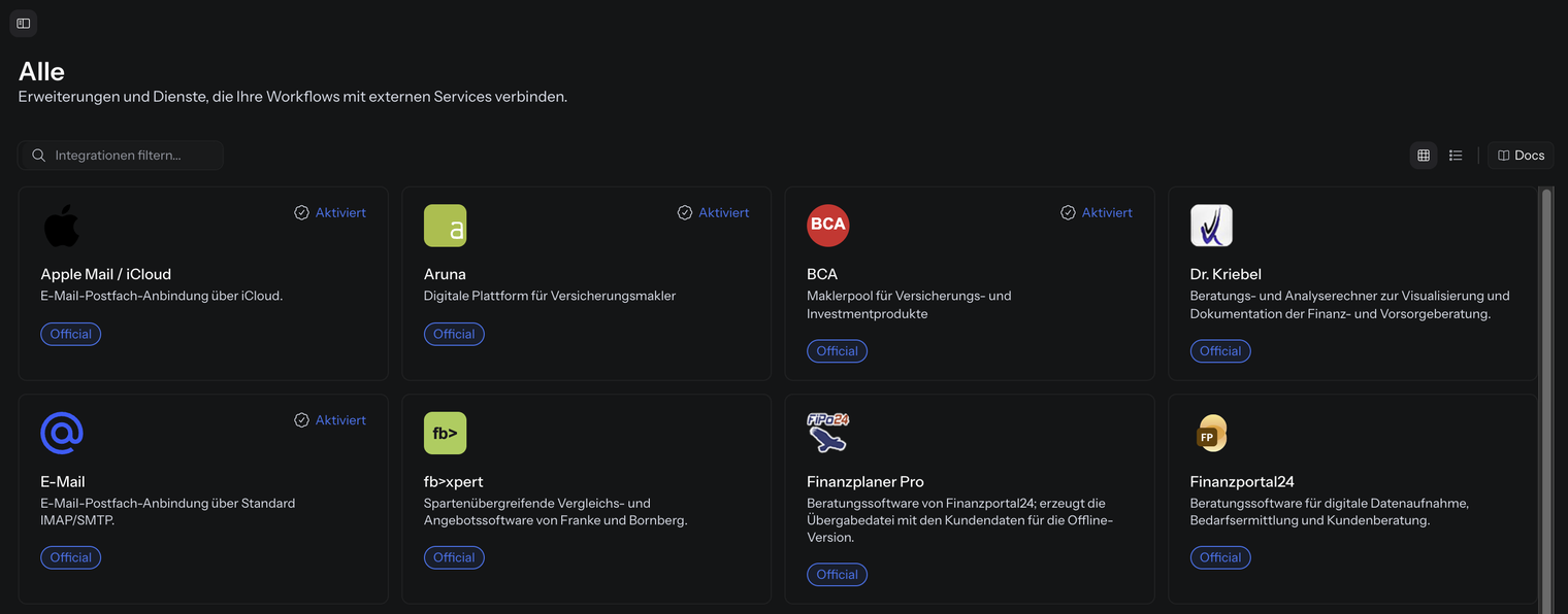 Integrationen mit ausgeblendeter Seitenleiste: oben links das Symbol Liste einblenden, die Kacheln über die volle Breite