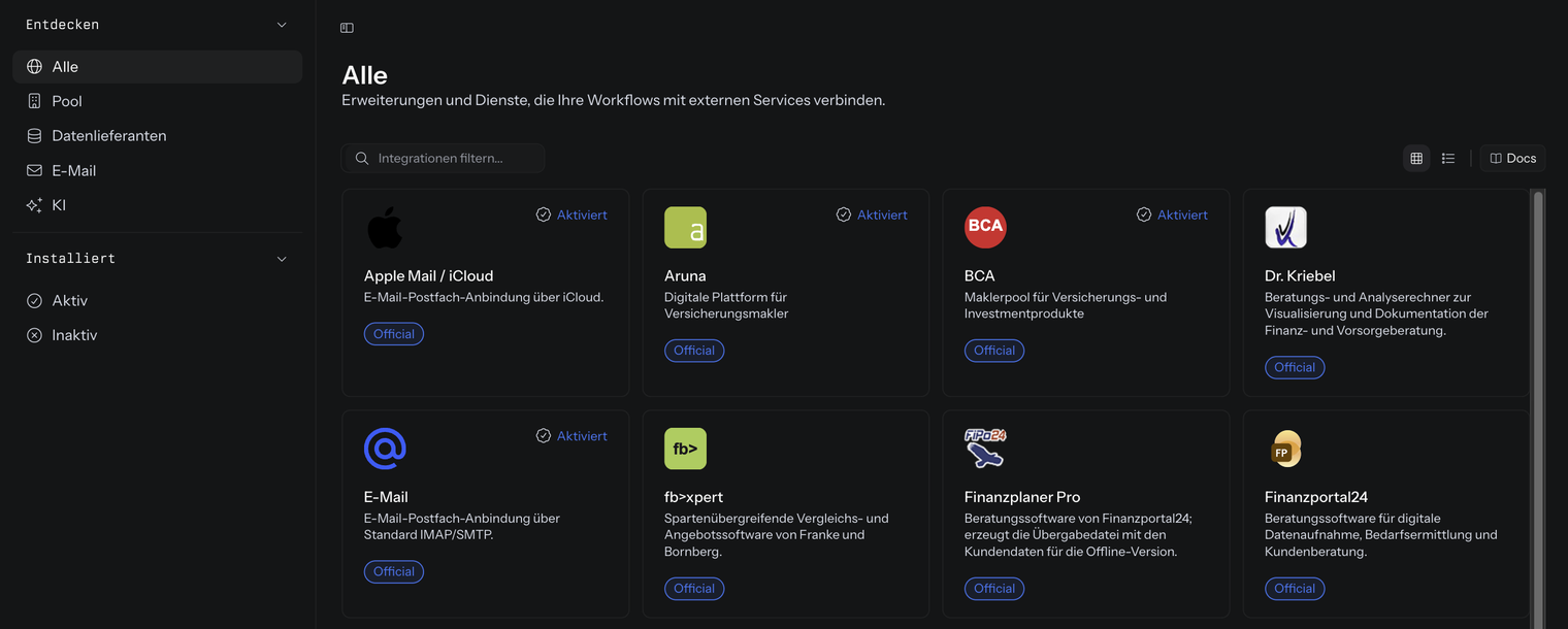 Integrationen mit eingeblendeter Seitenleiste: Gruppe Entdecken mit Alle, Pool, Datenlieferanten, E-Mail und KI, Gruppe Installiert mit Aktiv und Inaktiv, daneben die Kacheln der Liste Alle