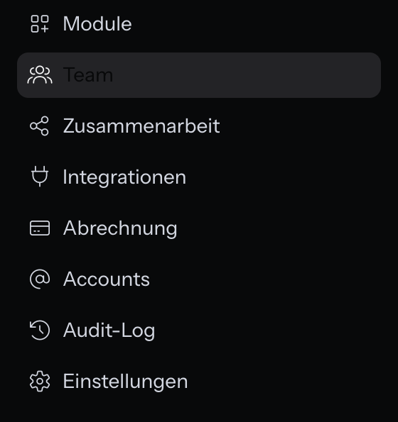 Navigation im Bereich Organisation mit den Punkten Module, Team (ausgewählt), Zusammenarbeit, Integrationen, Abrechnung, Accounts, Audit-Log und Einstellungen