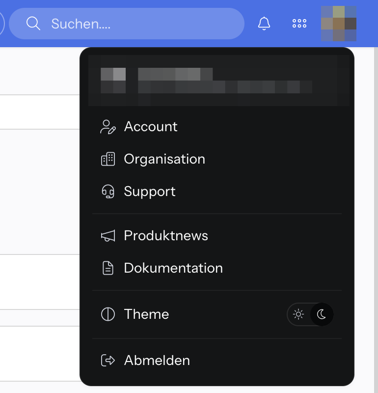 Geöffnetes Profilmenü mit den Einträgen Account, Organisation und Support