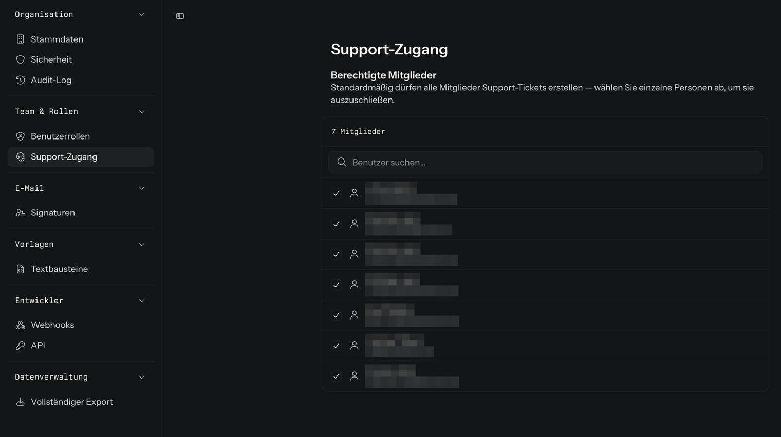 Die Seite Support-Zugang unter Organisation › Einstellungen › Team & Rollen