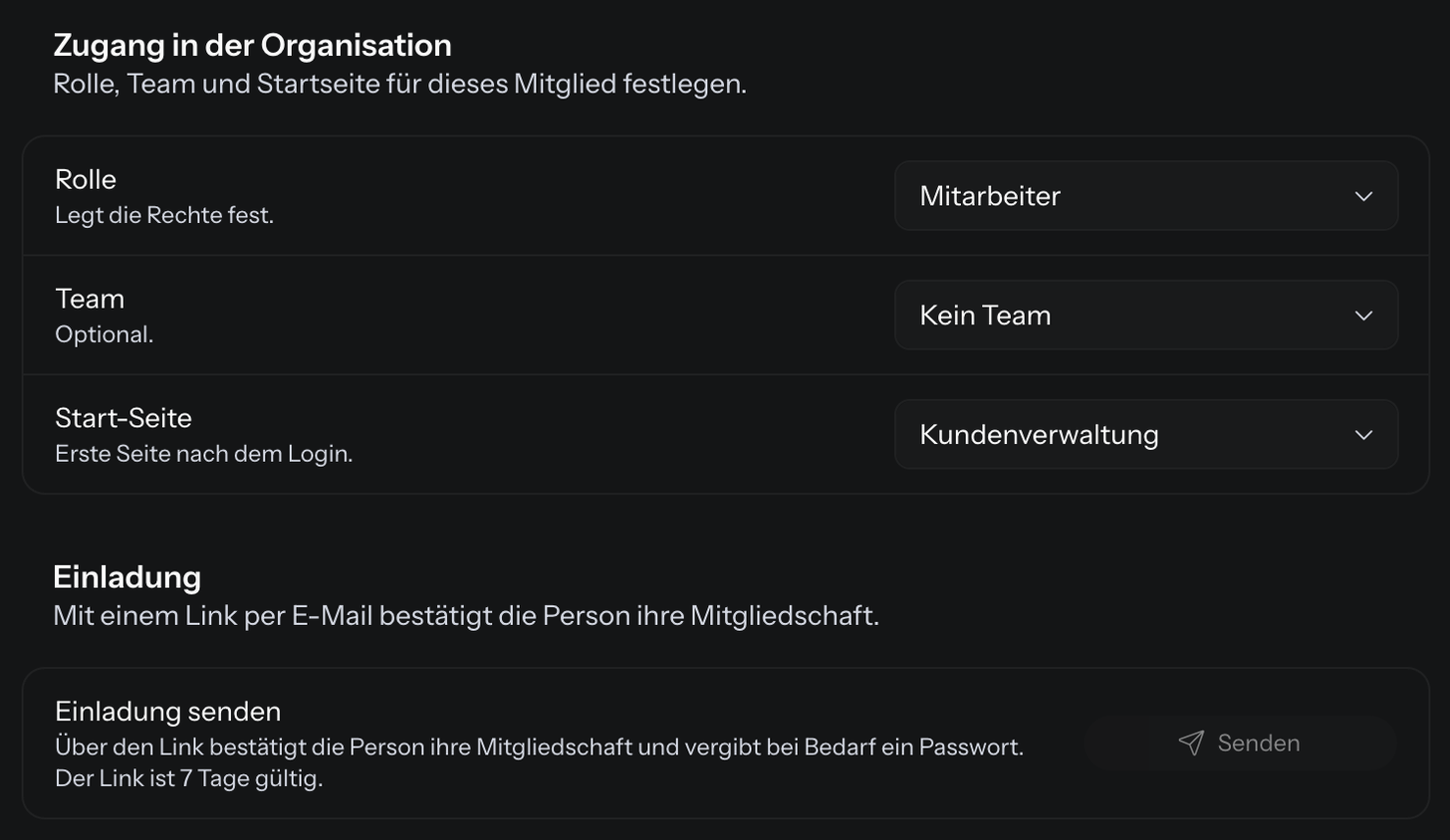 Die Bereiche Zugang in der Organisation mit Rolle, Team und Start-Seite und Einladung mit der Schaltfläche Senden