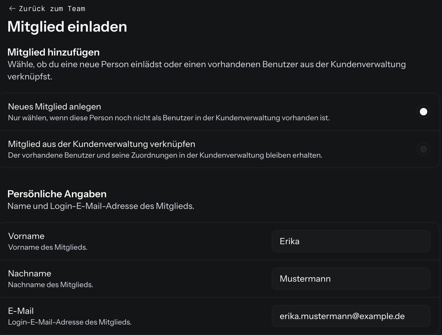 Formular „Mitglied einladen“: Auswahl Neues Mitglied anlegen und die Persönlichen Angaben Vorname, Nachname und E-Mail