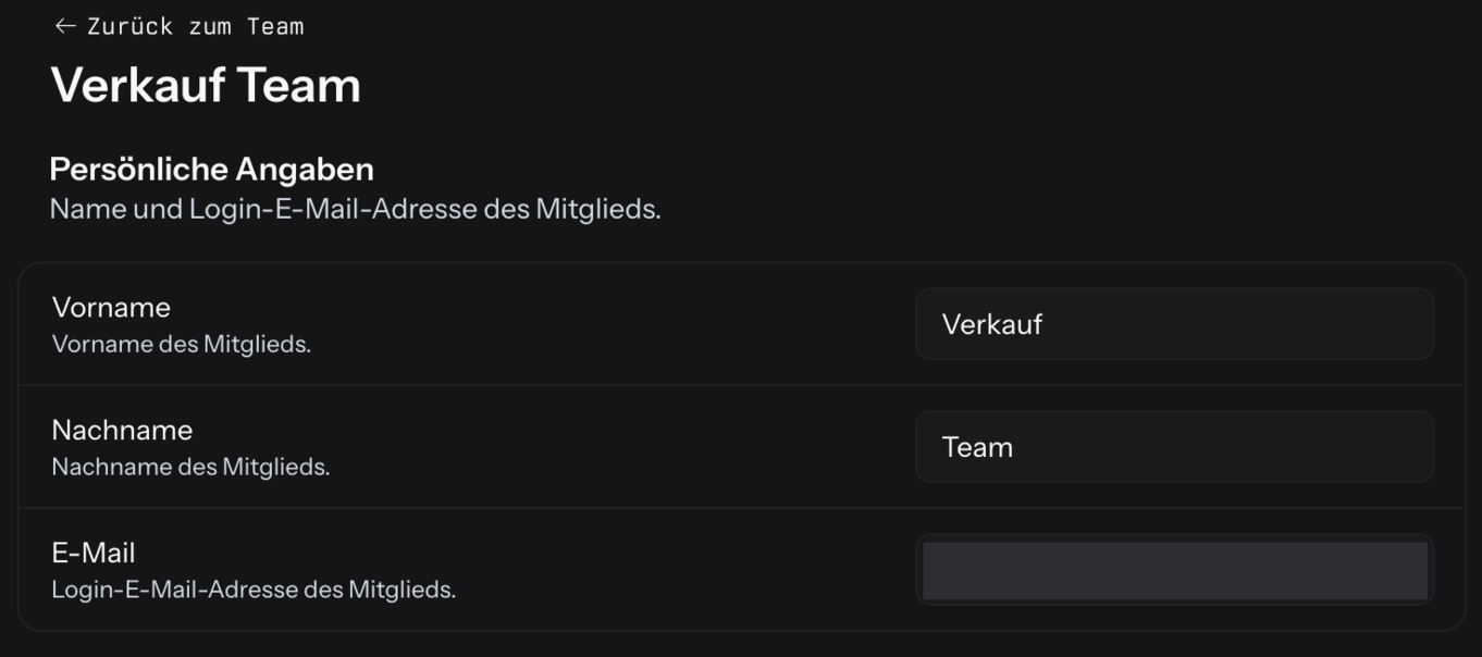 Seite eines Mitglieds mit Zurück zum Team und dem Bereich Persönliche Angaben mit Vorname, Nachname und E-Mail